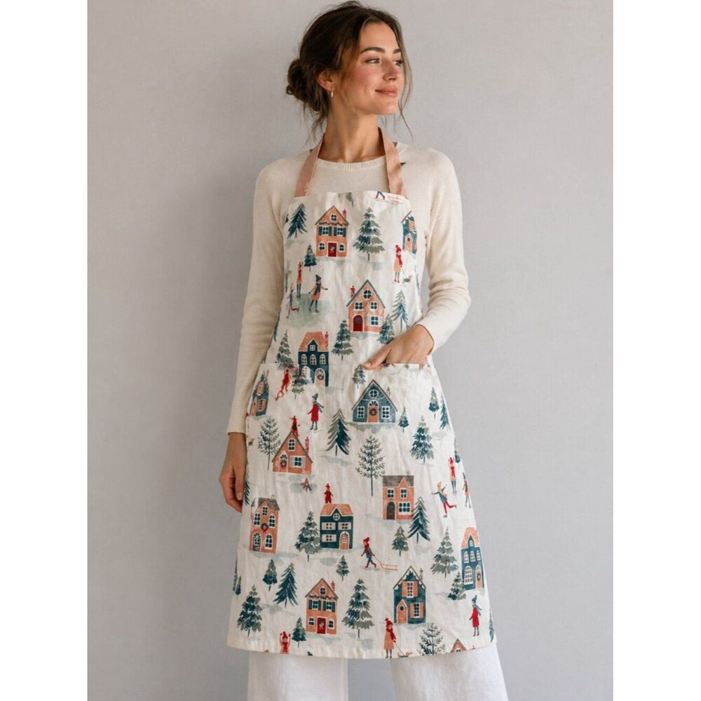 New Cotton Apron Winter Village Print Kitchen Cooking Baking Holiday Cottagecore